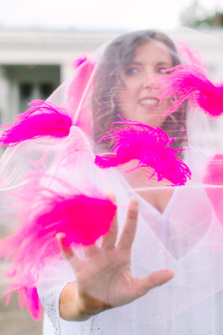 White Tulle Pink Feather Veil
