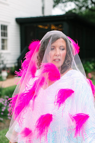 White Tulle Pink Feather Veil
