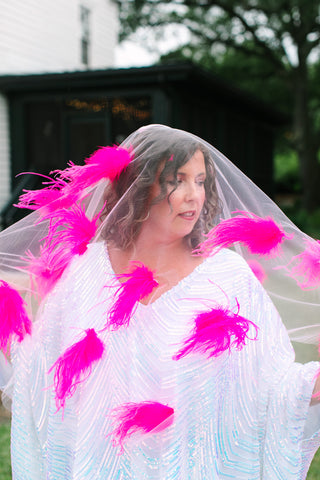 White Tulle Pink Feather Veil