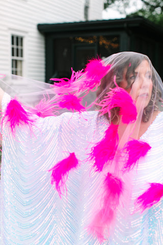 White Tulle Pink Feather Veil