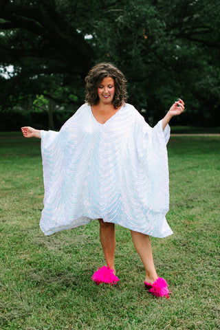 Iridescent Stripe Embroidered Sequin Short Caftan - Satin Lined