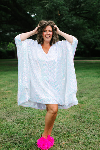 Iridescent Stripe Embroidered Sequin Short Caftan - Satin Lined