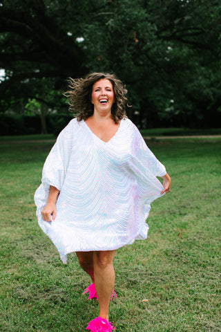 Iridescent Stripe Embroidered Sequin Short Caftan - Satin Lined