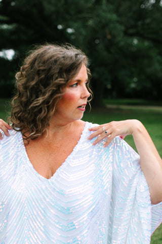 Iridescent Stripe Embroidered Sequin Short Caftan - Satin Lined