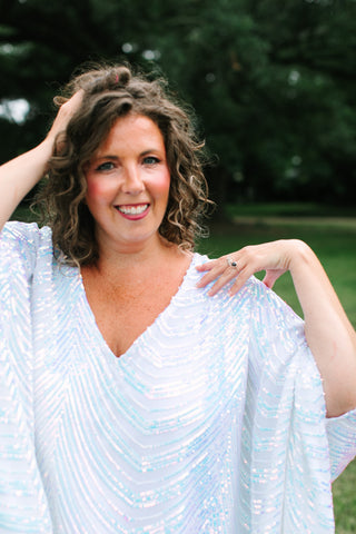 Iridescent Stripe Embroidered Sequin Short Caftan - Satin Lined