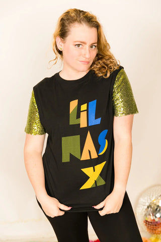 Lil Nas X Green Sequin Sleeve Party Tee