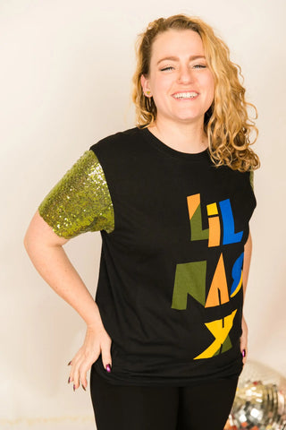 Lil Nas X Green Sequin Sleeve Party Tee