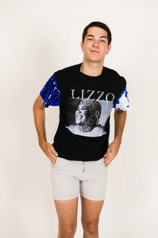 Lizzo Blue and White Sequin Sleeve Party Tee - Fringe+Co