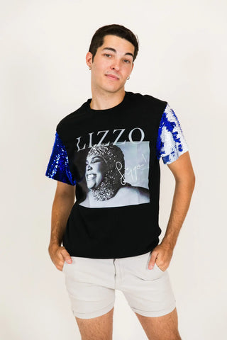 Lizzo Blue and White Sequin Sleeve Party Tee - Fringe+Co
