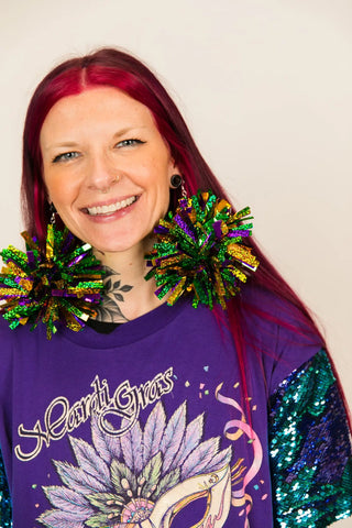 Mardi Gras Sparkle Pom Pom Earrings - Fringe+Co