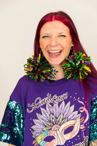 Mardi Gras Sparkle Pom Pom Earrings - Fringe+Co