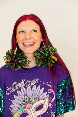 Mardi Gras Sparkle Pom Pom Earrings - Fringe+Co