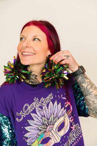 Mardi Gras Sparkle Pom Pom Earrings - Fringe+Co