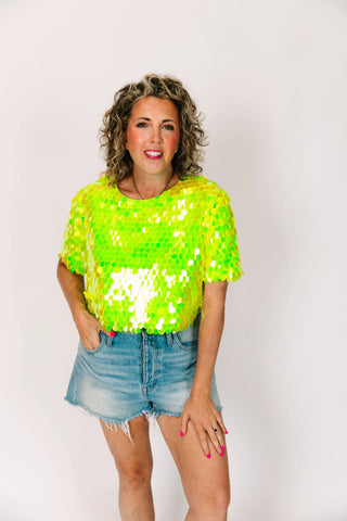 Neon Green Paillette Crop Top - Fringe+Co