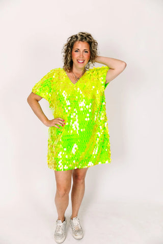 Neon Green Paillette V-Neck Dress - Fringe+Co