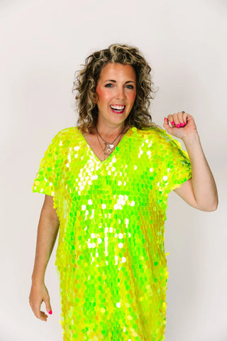 Neon Green Paillette V-Neck Dress - Fringe+Co
