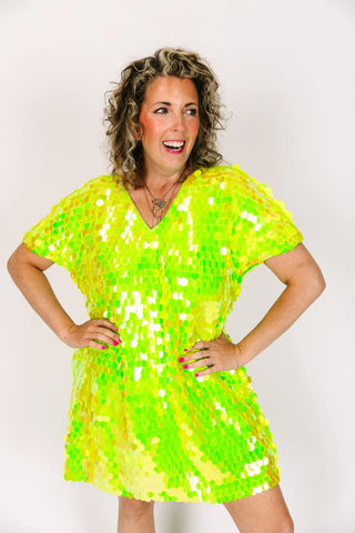 Neon Green Paillette V-Neck Dress - Fringe+Co