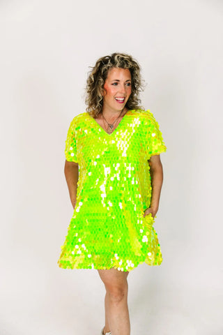 Neon Green Paillette V-Neck Dress - Fringe+Co