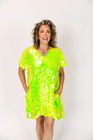 Neon Green Paillette V-Neck Dress - Fringe+Co