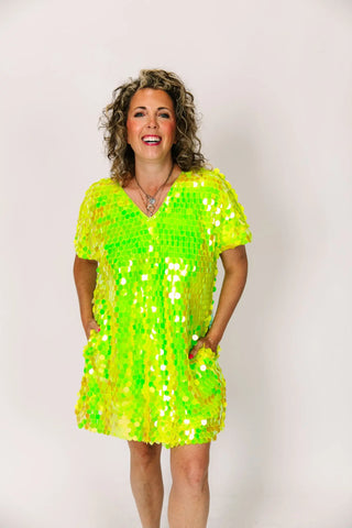 Neon Green Paillette V-Neck Dress - Fringe+Co