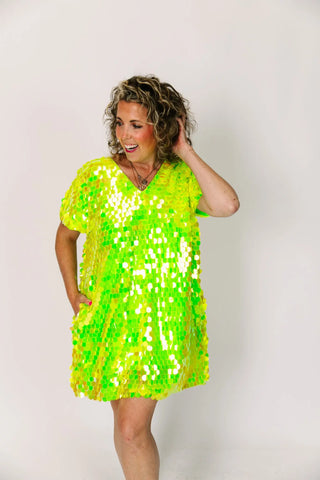 Neon Green Paillette V-Neck Dress - Fringe+Co