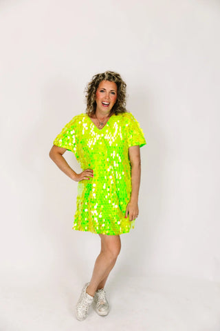 Neon Green Paillette V-Neck Dress - Fringe+Co