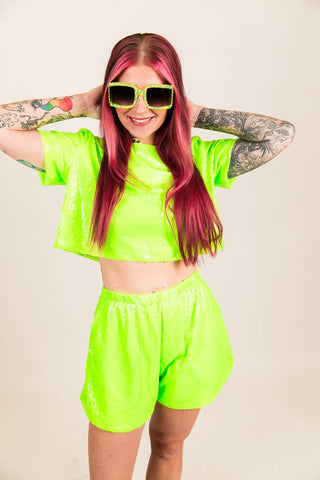 Neon Green Sequin Shorts - Fringe+Co