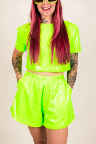 Neon Green Sequin Shorts - Fringe+Co