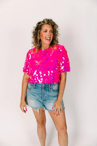 Neon Pink Paillette Crop Top - Fringe+Co