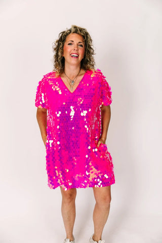 Neon Pink Paillette V-Neck Dress - Fringe+Co