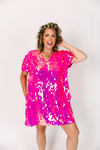 Neon Pink Paillette V-Neck Dress - Fringe+Co