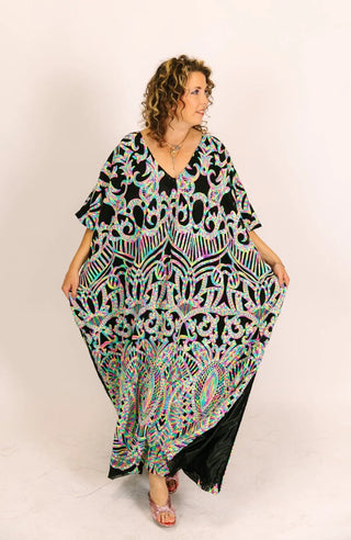 Neon Rainbow Embroidered Sequin Long Caftan - Fringe+Co