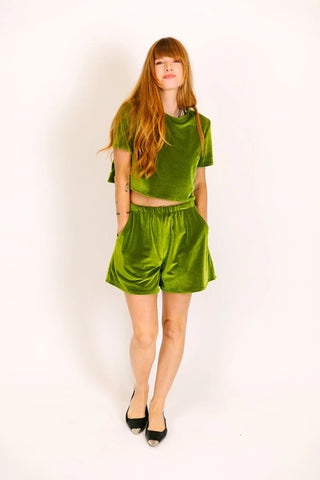 Olive Velvet Baddie Shorts - Fringe+Co