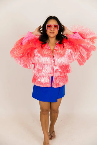 PRESALE: Bubble Gum Pink Tinsel Jacket - Fringe+Co