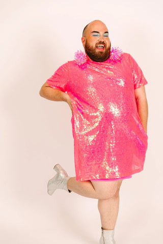 Pink Sequin Crew Neck T-Shirt Dress - Fringe+Co