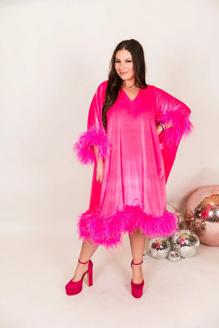 Pink Velvet Mid Caftan With Ostrich Feathers - Fringe+Co