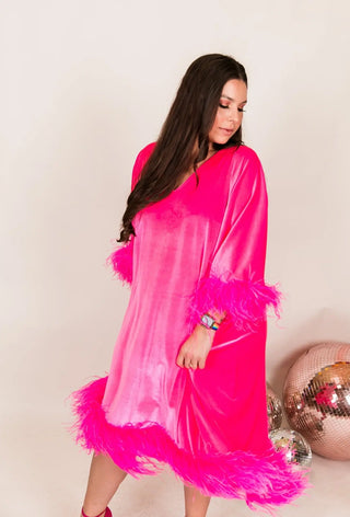 Pink Velvet Mid Caftan With Ostrich Feathers - Fringe+Co