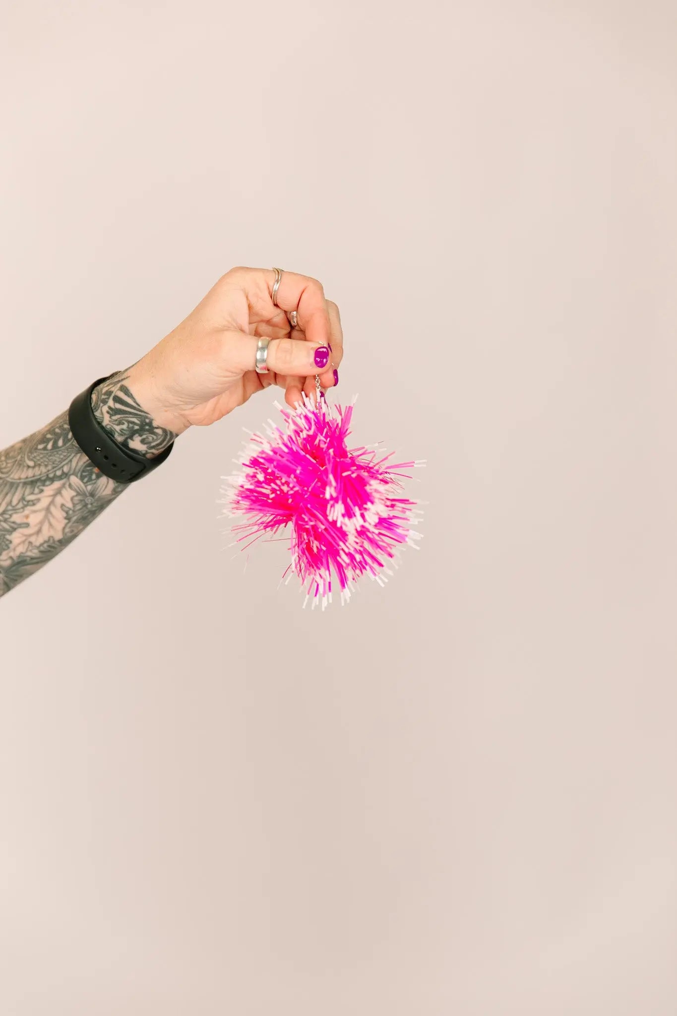 Pink and White Pom Pom Earrings fringe co