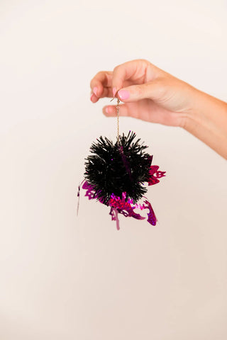 Purple Bat Tinsel Party Pom Pom Earrings - Fringe+Co