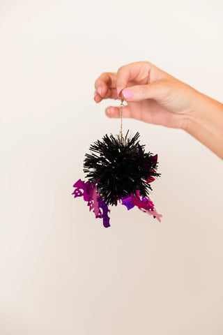 Purple Bat Tinsel Party Pom Pom Earrings - Fringe+Co