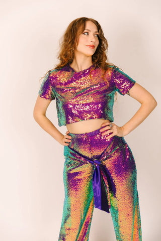 Purple Holographic High Waisted Pants - With Tie - Fringe+Co