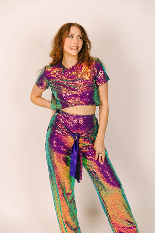 Purple Holographic High Waisted Pants - With Tie - Fringe+Co