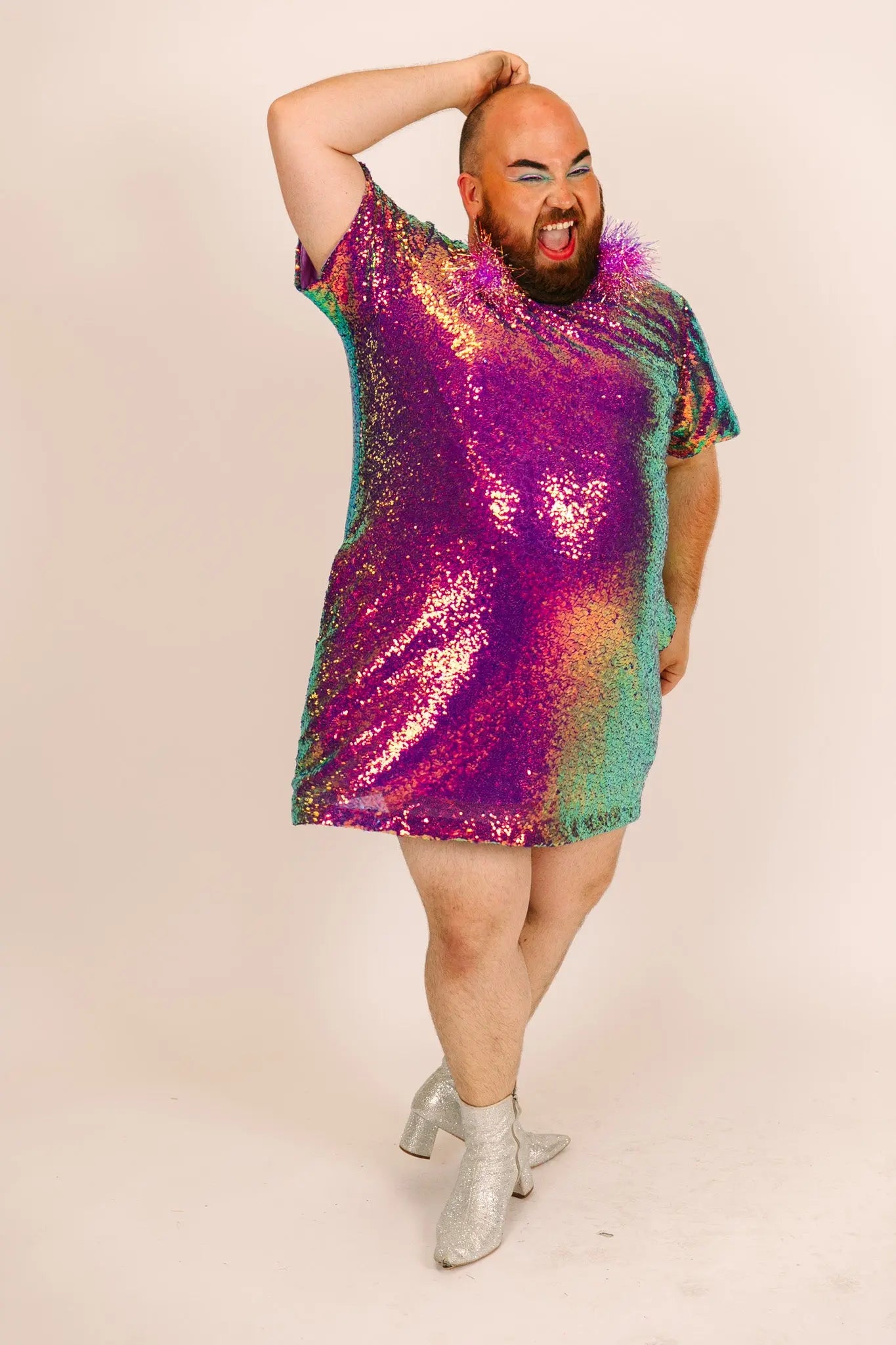 Purple Holographic Sequin Crew Neck T-Shirt Dress – fringe co