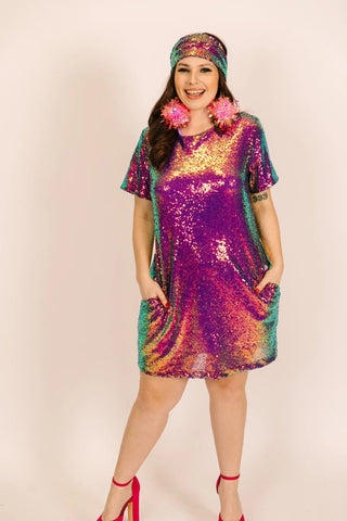Purple Holographic Sequin Crew Neck T-Shirt Dress - Fringe+Co