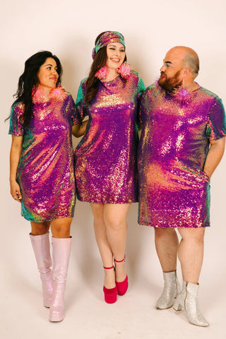 Purple Holographic Sequin Crew Neck T-Shirt Dress - Fringe+Co