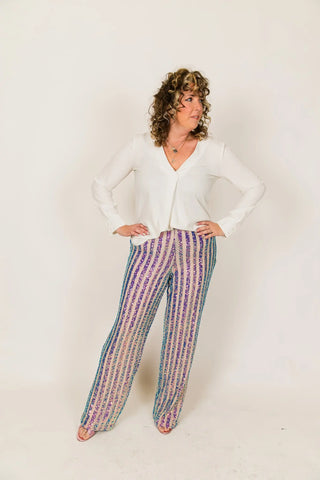 Purple Holographic Sequin Stripe Pants - Fringe+Co