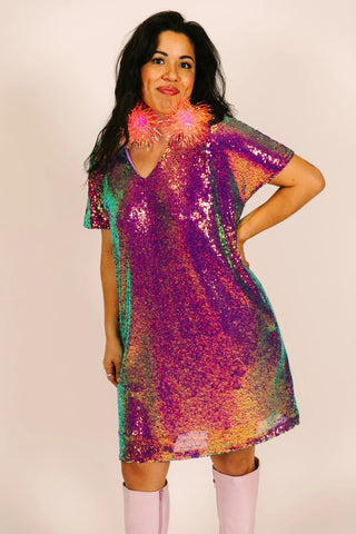 Purple Holographic Sequin V-Neck Dress - Fringe+Co