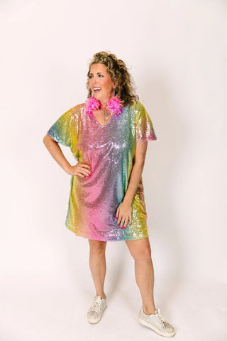 Rainbow Ombre Sequin V-Neck Dress - Fringe+Co