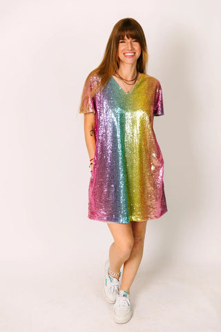 Rainbow Ombre Sequin V-Neck Dress - Fringe+Co