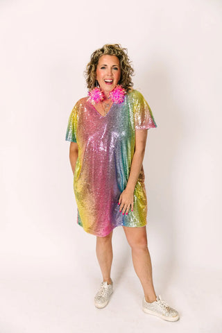 Rainbow Ombre Sequin V-Neck Dress - Fringe+Co